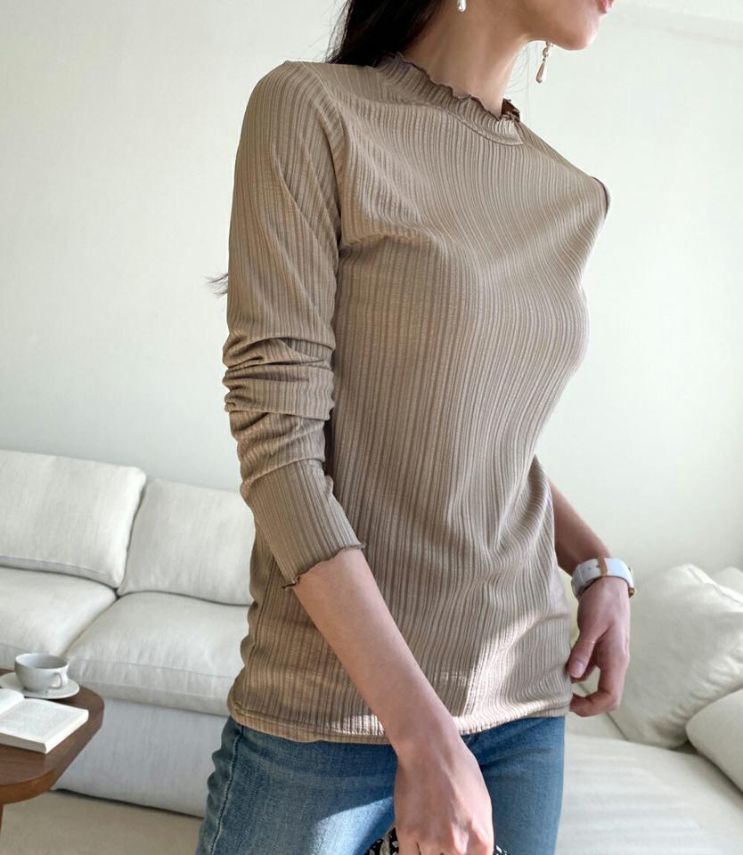 ウェーブリブTシャツ・全4色・b71616 レディース 【tops】トップス Tシャツ 長袖 リブトップス ウェーブ 単色 シンプル ハーフネック カジュアル 大人 ドロップショルダー 春 秋 韓国ファッション ハイホリHIHOLLI