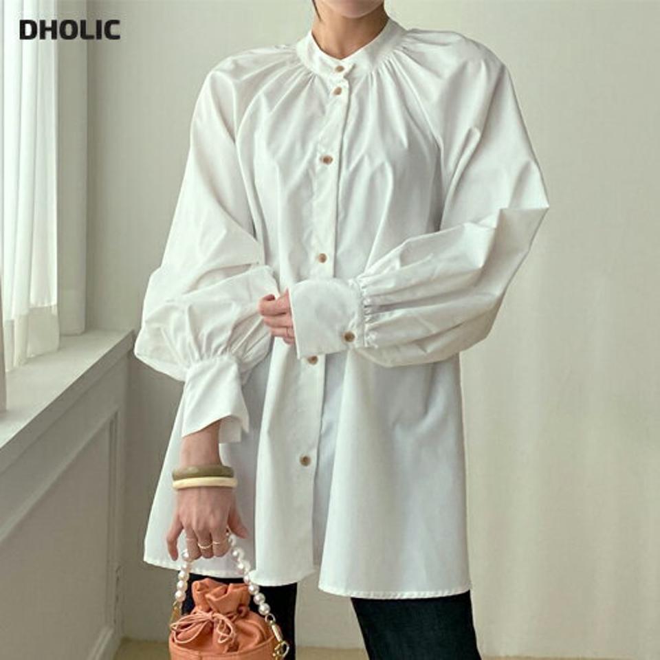 バンドカラーボリュームスリーブブラウス・全2色・t71625 レディース 【bl】トップス ブラウス 長袖 ボリューム袖 バンドカラー 単色 無地 シンプル フェミニン きれいめ 大人 ゆったり 春 秋 冬 韓国ファッション ハイホリHIHOLLI