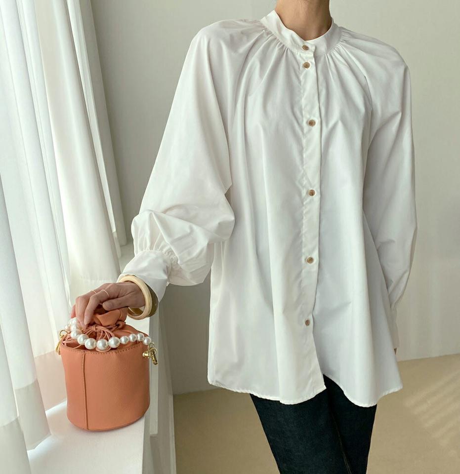 バンドカラーボリュームスリーブブラウス・全2色・t71625 レディース 【bl】トップス ブラウス 長袖 ボリューム袖 バンドカラー 単色 無地 シンプル フェミニン きれいめ 大人 ゆったり 春 秋 冬 韓国ファッション ハイホリHIHOLLI