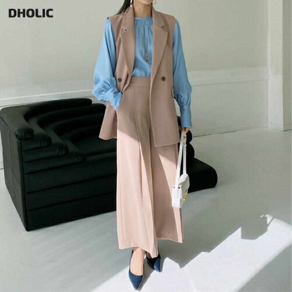 【送料無料】ダブルベスト&サイドボタンスラックスSET・全3色・b71632 レディース 【pt】セットアップ setup ベスト パンツ ズボン スラックス レイヤード 単色 無地 シンプル 大人 オフィス 春 秋 冬 韓国ファッション ハイホリHIHOLLI