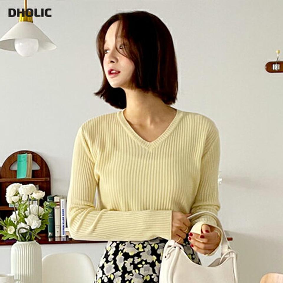 クロップドVネックリブニット・全6色・t66630 レディース 【tops】韓国ファッション トップス ニット 大人 長袖 Vネック クロップド丈 スリム 無地 ベーシック シンプル 体型カバー フェミニン カジュアル デイリー 秋 冬