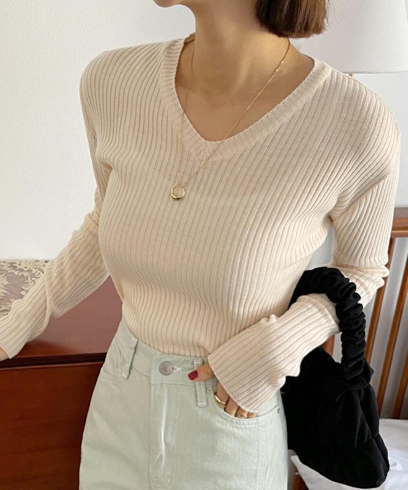 クロップドVネックリブニット・全6色・t66630 レディース 【tops】韓国ファッション トップス ニット 大人 長袖 Vネック クロップド丈 スリム 無地 ベーシック シンプル 体型カバー フェミニン カジュアル デイリー 秋 冬