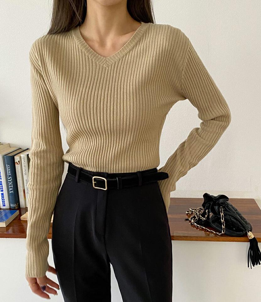 クロップドVネックリブニット・全6色・t66630 レディース 【tops】韓国ファッション トップス ニット 大人 長袖 Vネック クロップド丈 スリム 無地 ベーシック シンプル 体型カバー フェミニン カジュアル デイリー 秋 冬