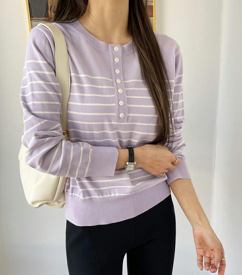 ボーダーハーフボタンニット・全4色・t66634 レディース 【tops】韓国ファッション トップス ニット 大人 長袖 ボーダー ハーフボタン パステルカラー 異素材 シンプル フェミニン カジュアル デイリー 秋 冬