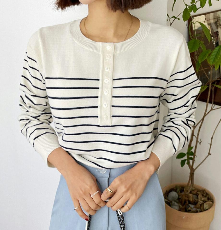 ボーダーハーフボタンニット・全4色・t66634 レディース 【tops】韓国ファッション トップス ニット 大人 長袖 ボーダー ハーフボタン パステルカラー 異素材 シンプル フェミニン カジュアル デイリー 秋 冬
