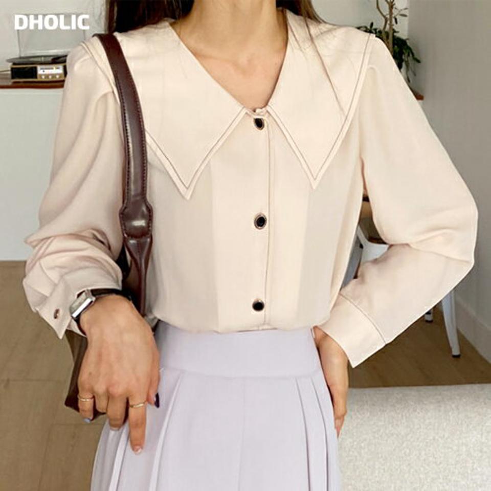 ステッチセーラーカラーブラウス・全4色・t66639 レディース 【bl】韓国ファッション トップス ブラウス 長袖 カラーネック ステッチ セーラーカラー パフスリーブ 無地 シンプル カジュアル フェミニン ガーリー 春 秋 冬