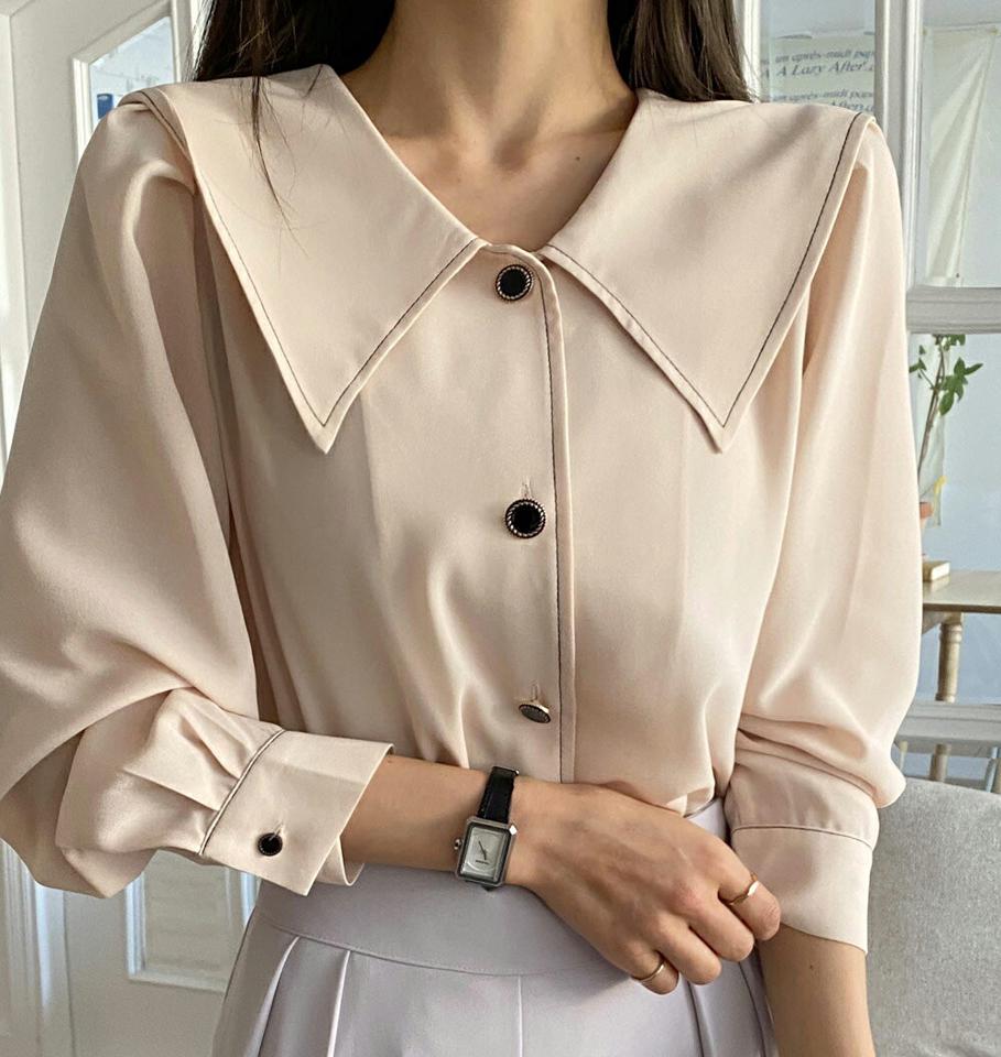 ステッチセーラーカラーブラウス・全4色・t66639 レディース 【bl】韓国ファッション トップス ブラウス 長袖 カラーネック ステッチ セーラーカラー パフスリーブ 無地 シンプル カジュアル フェミニン ガーリー 春 秋 冬