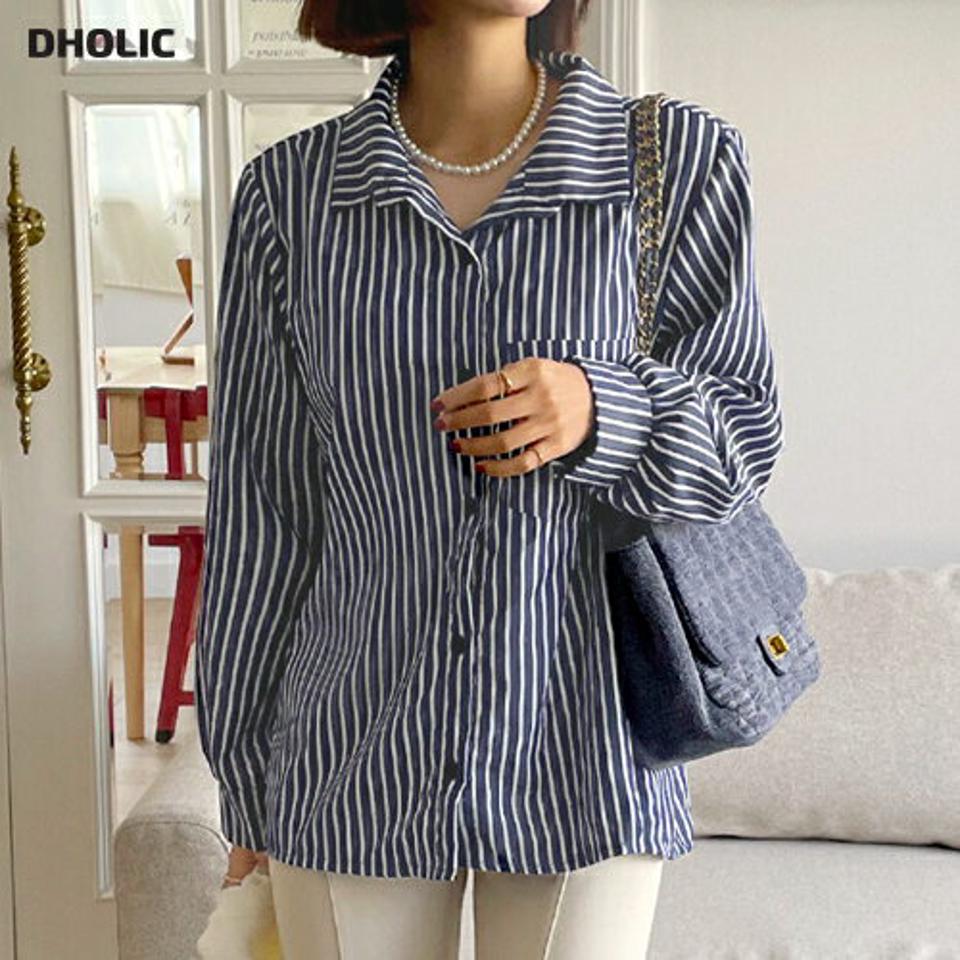 2TYPEストライプシャツ・全3色・t66640 レディース 【bl】韓国ファッション トップス シャツ 長袖 カラーネック ストライプ スリット ボタン シンプル ルーズ カジュアル フェミニン 体型カバー ガーリー 春 秋 冬