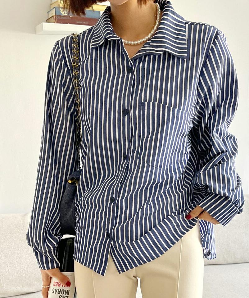 2TYPEストライプシャツ・全3色・t66640 レディース 【bl】韓国ファッション トップス シャツ 長袖 カラーネック ストライプ スリット ボタン シンプル ルーズ カジュアル フェミニン 体型カバー ガーリー 春 秋 冬