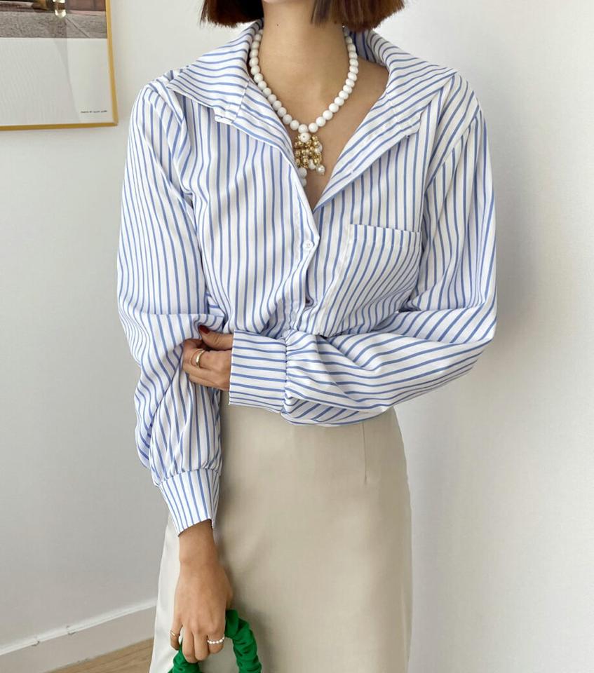 2TYPEストライプシャツ・全3色・t66640 レディース 【bl】韓国ファッション トップス シャツ 長袖 カラーネック ストライプ スリット ボタン シンプル ルーズ カジュアル フェミニン 体型カバー ガーリー 春 秋 冬