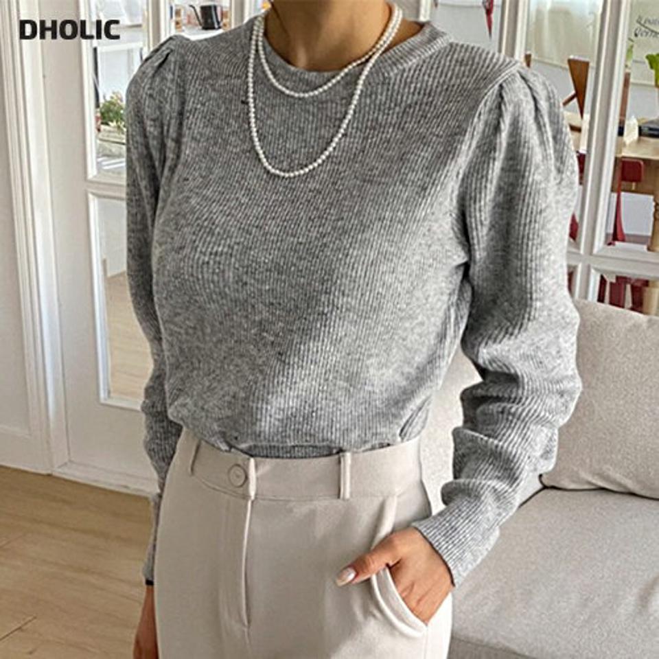 ラウンドネックパフニット・全3色・b66637 レディース 【tops】韓国ファッション トップス ニット 大人 長袖 ラウンドネック メランジ パフスリーブ 異素材 シンプル フェミニン カジュアル デイリー 秋 冬