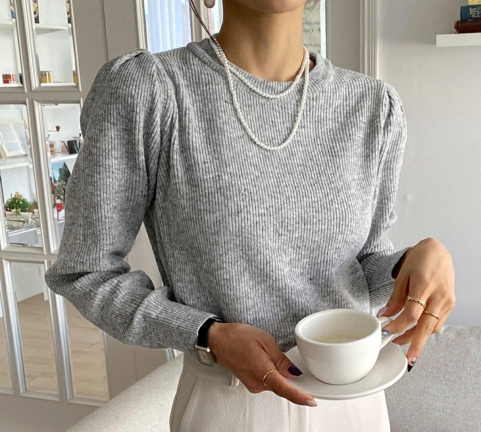 ラウンドネックパフニット・全3色・b66637 レディース 【tops】韓国ファッション トップス ニット 大人 長袖 ラウンドネック メランジ パフスリーブ 異素材 シンプル フェミニン カジュアル デイリー 秋 冬