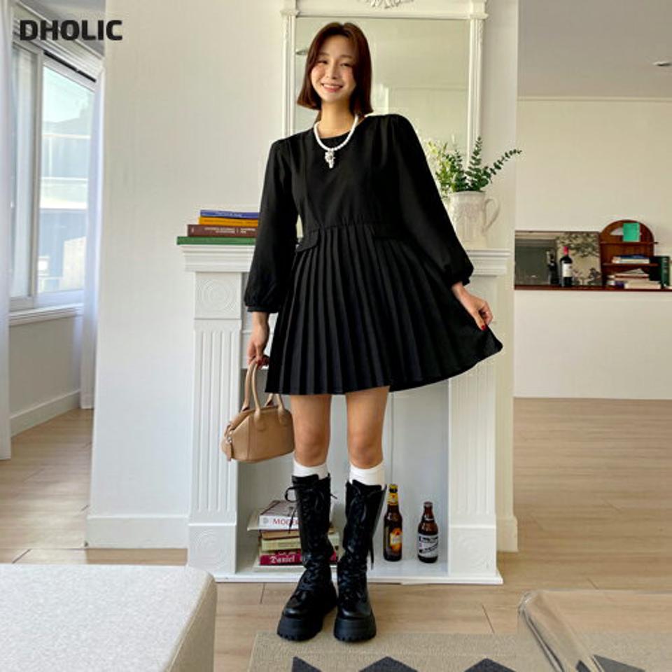 ラウンドプリーツヘムワンピース・全3色・b66641 レディース 【ops】韓国ファッション ワンピース ミニ ミニワンピース 長袖 ラウンドネック プリーツヘム ミニ丈 パフスリーブ 無地 シンプル 体型カバー フェミニン カジュアル 秋 冬
