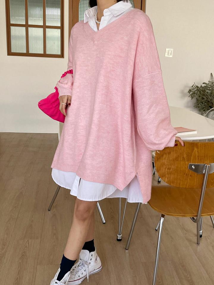 Vネックニットミニワンピース・全3色・b66643 レディース 【ops】韓国ファッション ワンピース ミニワンピース 長袖 Vネック ニットワンピース ドロップショルダー ウール混 スリット シンプル カラーアイテム カジュアル 秋 冬