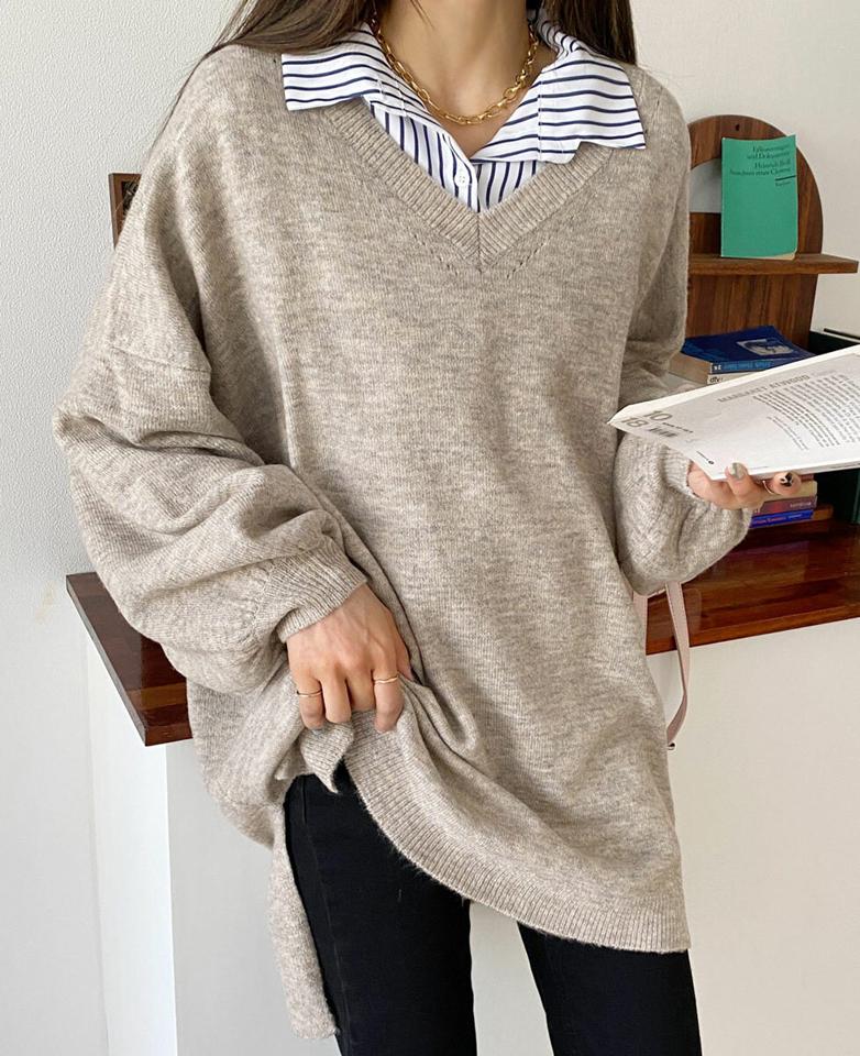 Vネックニットミニワンピース・全3色・b66643 レディース 【ops】韓国ファッション ワンピース ミニワンピース 長袖 Vネック ニットワンピース ドロップショルダー ウール混 スリット シンプル カラーアイテム カジュアル 秋 冬