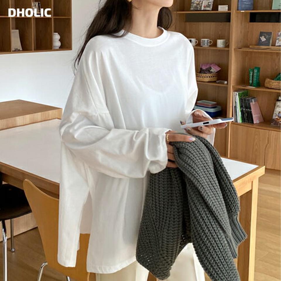 オーバーフィットサイドスリットTシャツ・全4色・t00181 レディース 【tops】韓国ファッション トップス Tシャツ 大人 長袖 ラウンドネック スリット ルーズ オーバーサイズ 無地 シンプル 体型カバー 細身 フェミニン カジュアル デイリー 秋 冬