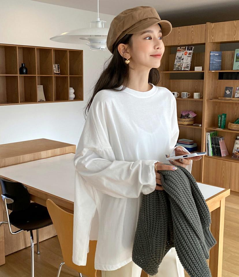 オーバーフィットサイドスリットTシャツ・全4色・t00181 レディース 【tops】韓国ファッション トップス Tシャツ 大人 長袖 ラウンドネック スリット ルーズ オーバーサイズ 無地 シンプル 体型カバー 細身 フェミニン カジュアル デイリー 秋 冬