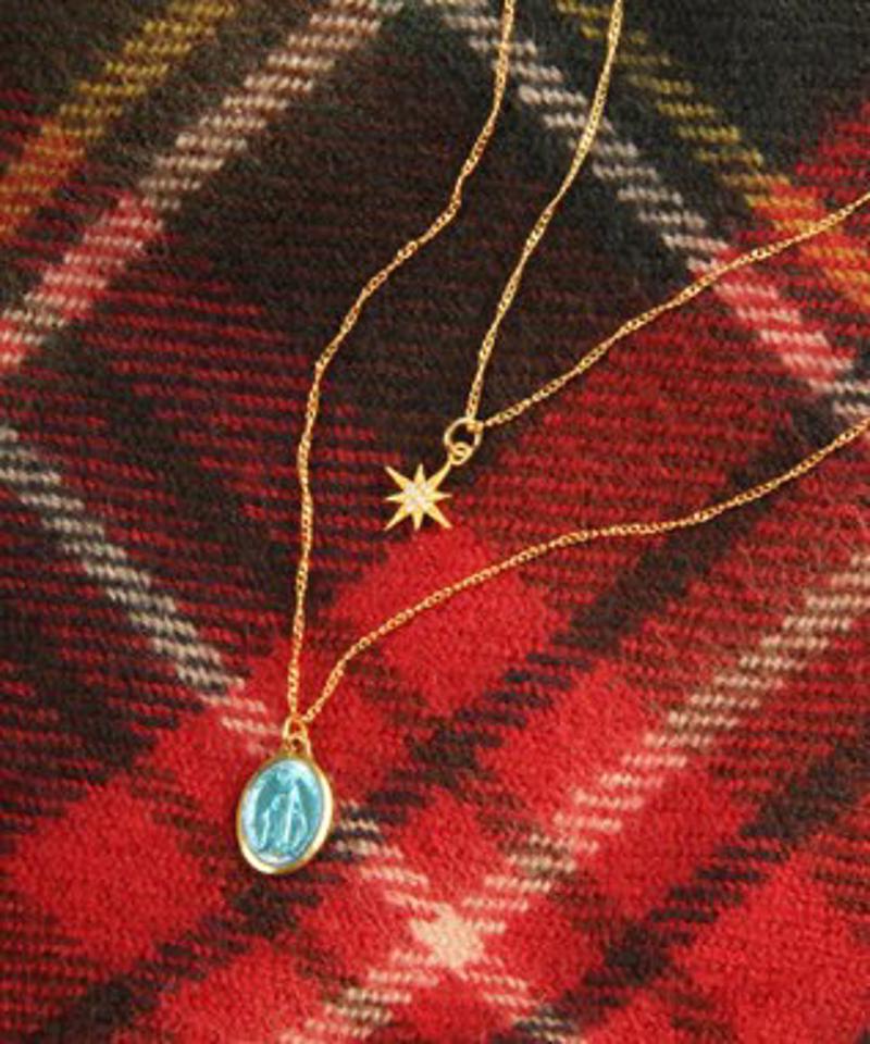 【ギフトにおススメ♪】K14GF 不思議のメダイ×八芒星ガラスチャーム二連ネックレス