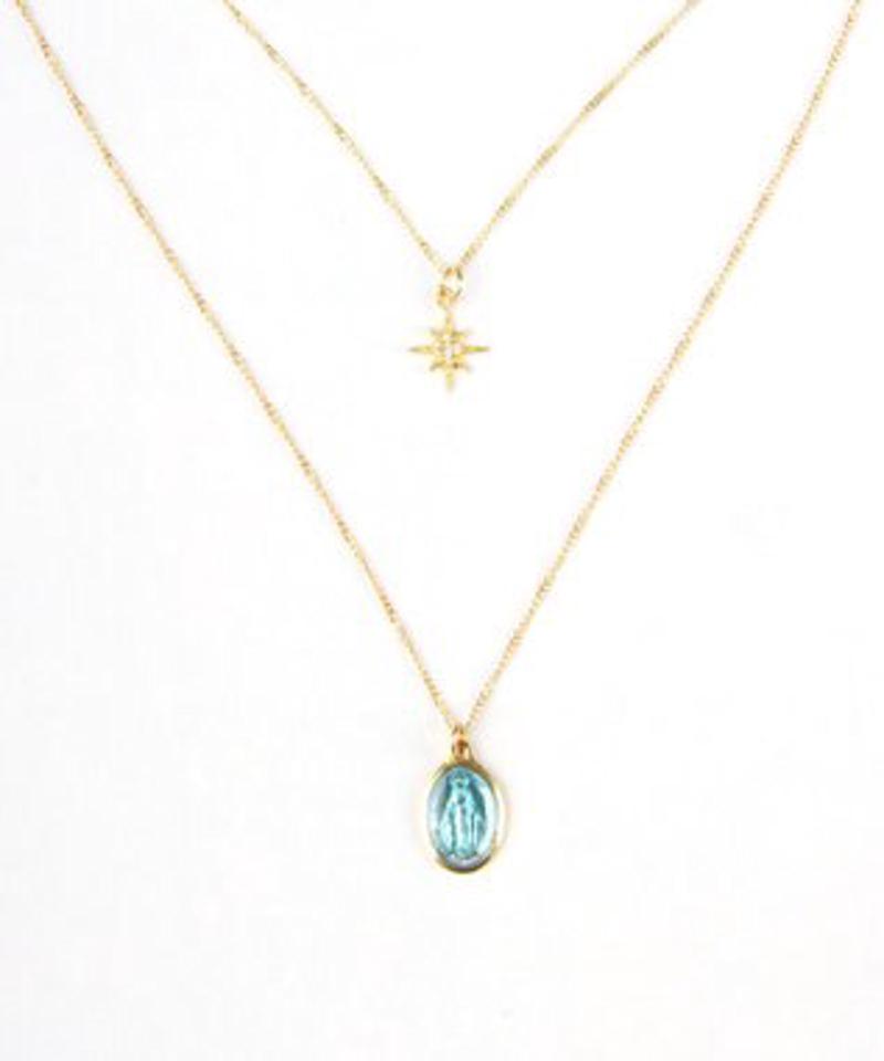 【ギフトにおススメ♪】K14GF 不思議のメダイ×八芒星ガラスチャーム二連ネックレス