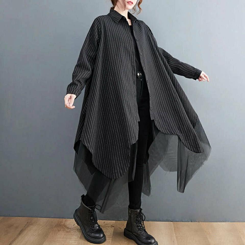 ワンピース 長袖 秋冬 レディース シャツ ロングシャツ シャツワンピース ロングワンピース ロングワンピ ロング丈 ロング 折り襟 フレア 切り替え アシンメトリー ゆったり ストライプ 体型カバー レイヤード風 着痩せ おしゃれ シンプル カジュアル 可愛い