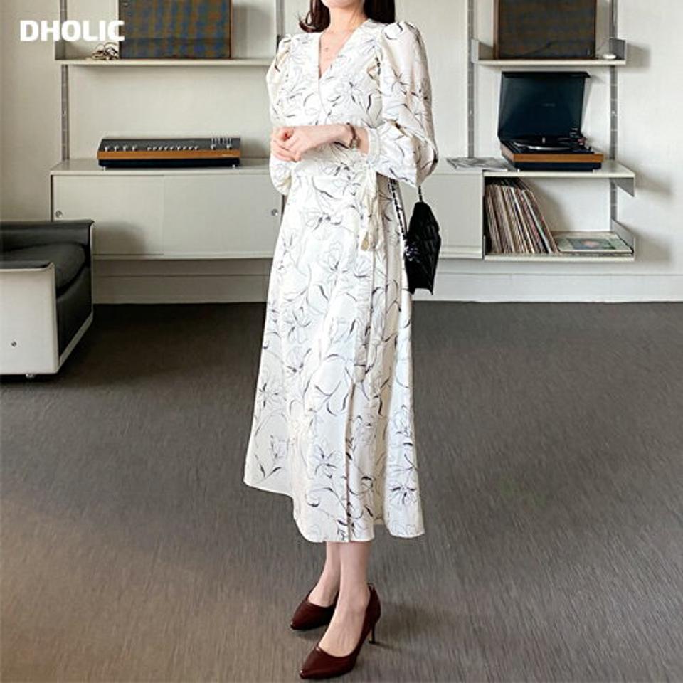 花柄カシュクールワンピース・全3色・t00172 レディース 【ops】韓国ファッション ワンピース ロング ロングワンピース キャミワンピース スクエアネック チェック スリット ロング丈 シンプル 体型カバー フェミニン カジュアル 秋 冬
