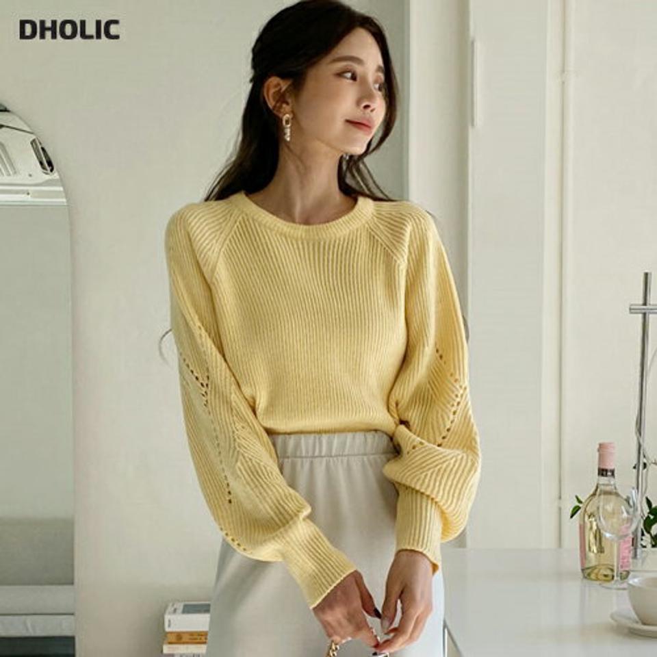 パンチングスリーブラウンドニット・全5色・t00231 レディース 【tops】韓国ファッション トップス ニット 大人 長袖 ラウンドネック パンチングスリーブ カラーアイテム クロップド丈 カラーニット 無地 シンプル フェミニン 秋 冬
