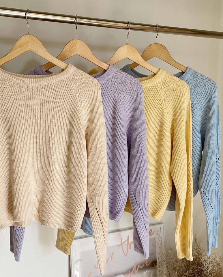 パンチングスリーブラウンドニット・全5色・t00231 レディース 【tops】韓国ファッション トップス ニット 大人 長袖 ラウンドネック パンチングスリーブ カラーアイテム クロップド丈 カラーニット 無地 シンプル フェミニン 秋 冬