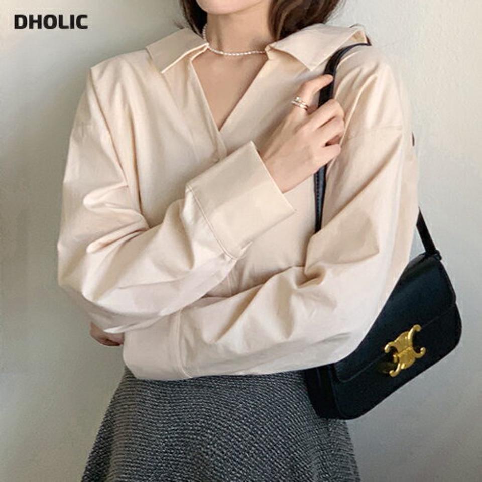 バックゴムスキッパーシャツ・全3色・b00159 レディース 【bl】韓国ファッション トップス シャツ 長袖 Vネック 襟カラーク バックゴム スキッパー コットン 無地 シンプル ルーズ カジュアル フェミニン ガーリー 春 秋 冬