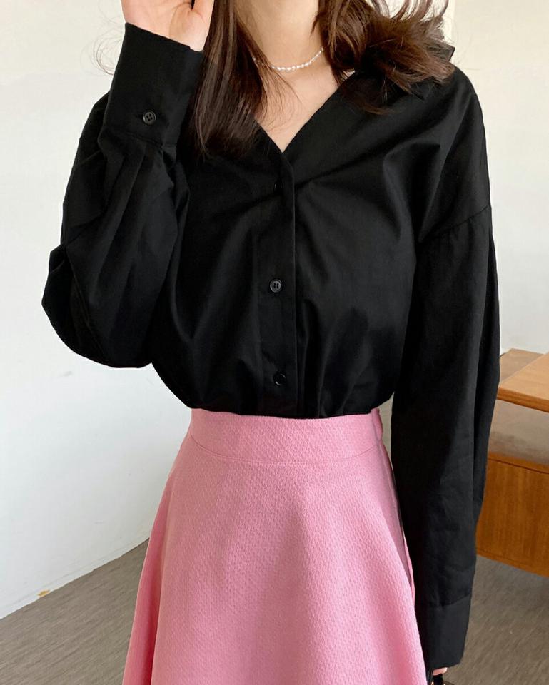 バックゴムスキッパーシャツ・全3色・b00159 レディース 【bl】韓国ファッション トップス シャツ 長袖 Vネック 襟カラーク バックゴム スキッパー コットン 無地 シンプル ルーズ カジュアル フェミニン ガーリー 春 秋 冬