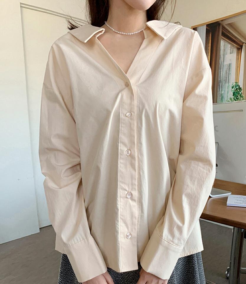 バックゴムスキッパーシャツ・全3色・b00159 レディース 【bl】韓国ファッション トップス シャツ 長袖 Vネック 襟カラーク バックゴム スキッパー コットン 無地 シンプル ルーズ カジュアル フェミニン ガーリー 春 秋 冬