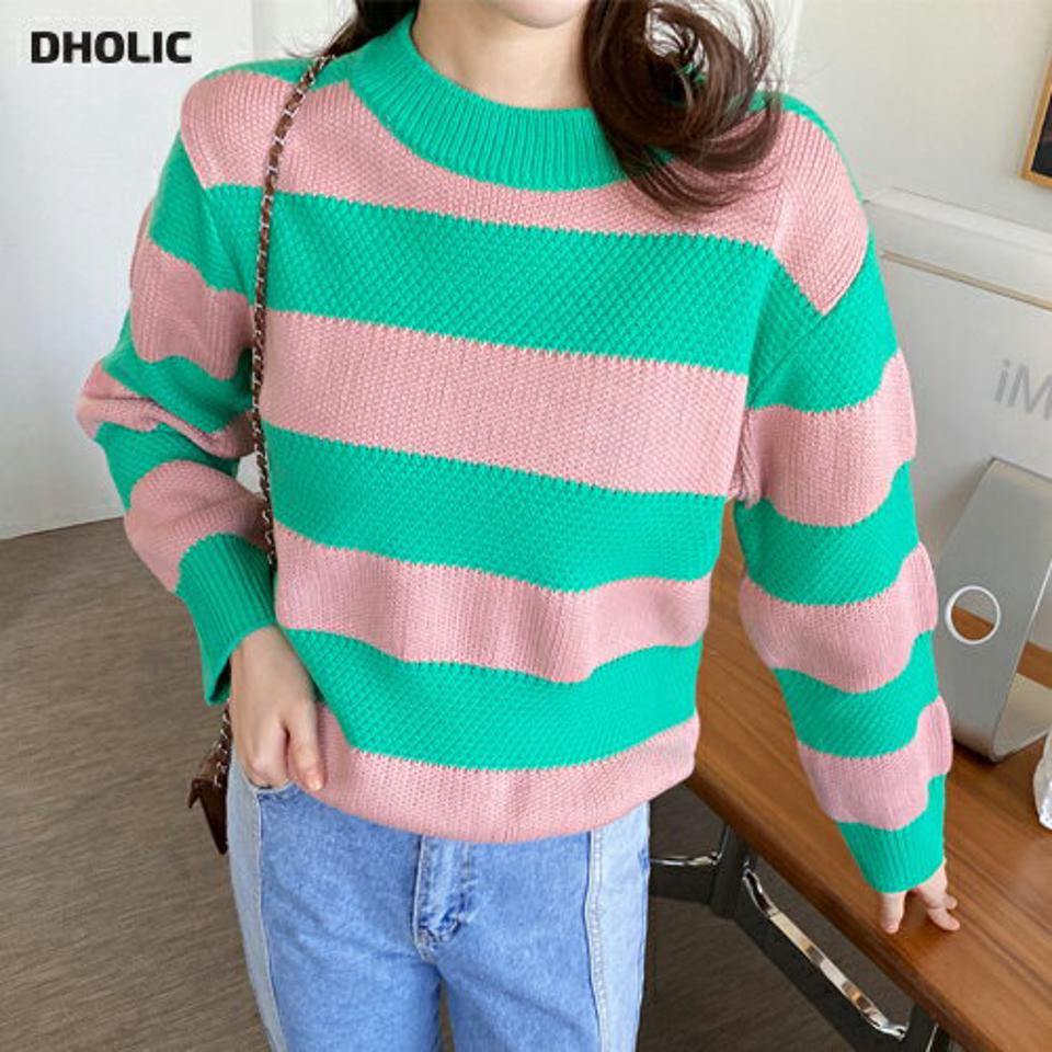 ウール混配色ボーダーニット・全3色・t00186 レディース 【tops】韓国ファッション トップス ニット 大人 長袖 ラウンドネック ウール混 配色 ボーダー シンプル 体型カバー フェミニン カジュアル デイリー 秋 冬