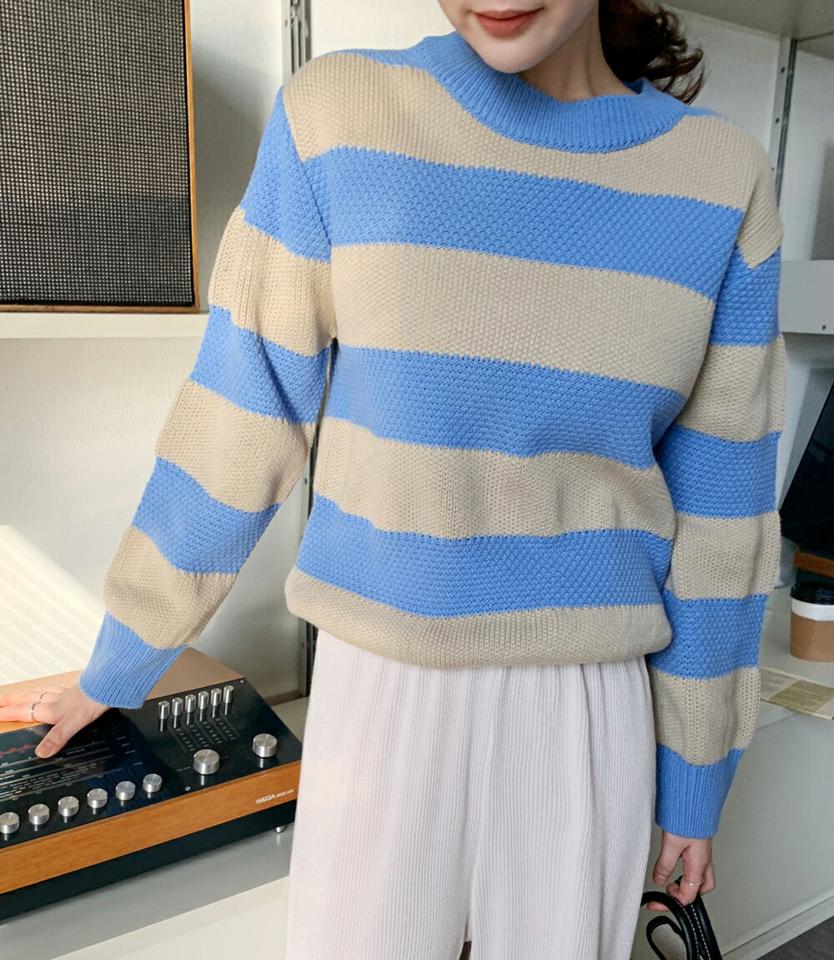 ウール混配色ボーダーニット・全3色・t00186 レディース 【tops】韓国ファッション トップス ニット 大人 長袖 ラウンドネック ウール混 配色 ボーダー シンプル 体型カバー フェミニン カジュアル デイリー 秋 冬