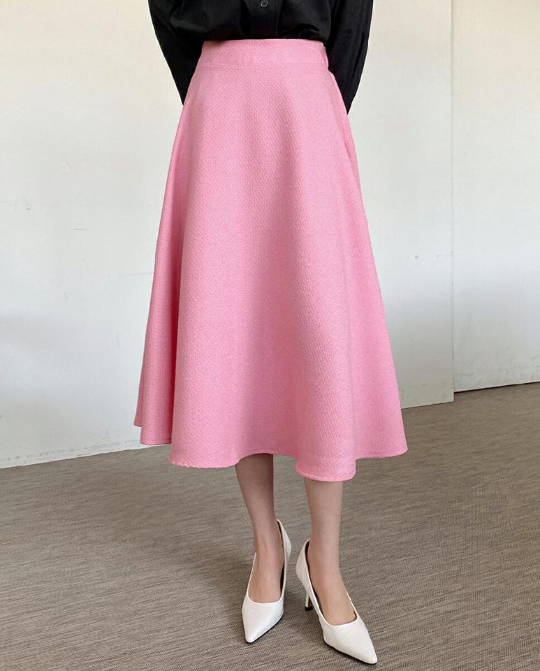 ツイードフレアスカート・全3色・b00189 レディース 【sk】韓国ファッション ボトムス スカート ミディ ミディスカート ツイード フレア Aライン カラーアイテム ミディ丈 無地 ベーシック シンプル 細身 大人 カジュアル フェミニン 秋 冬