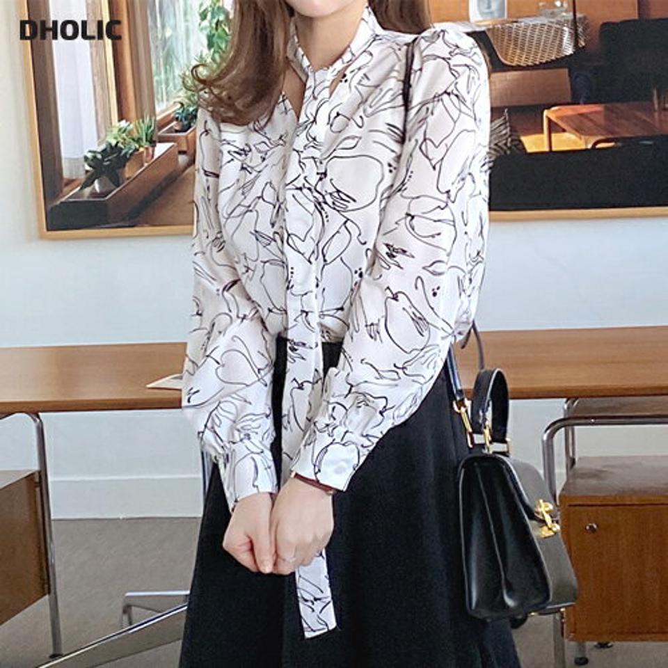 フルーツプリントリボンブラウス・全2色・b00160 レディース 【bl】韓国ファッション トップス ブラウス 長袖 Vネック ボウタイ フルーツ プリント リボン シンプル カジュアル フェミニン 体型カバー ガーリー 春 秋 冬