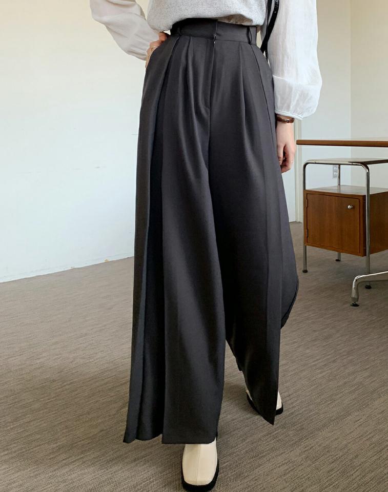 ツータックワイドスラックス・全3色・t00174 レディース 【pt】韓国ファッション ボトムス ロング ロングパンツ スラックスパンツ スラックス ツータック ワイド ハイウエスト 無地 シンプル 体型カバー フェミニン カジュアル 秋 冬