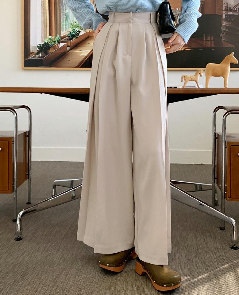 ツータックワイドスラックス・全3色・t00174 レディース 【pt】韓国ファッション ボトムス ロング ロングパンツ スラックスパンツ スラックス ツータック ワイド ハイウエスト 無地 シンプル 体型カバー フェミニン カジュアル 秋 冬