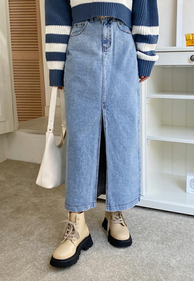 Hラインスリットデニムスカート・全2色・t00248 レディース 【sk】韓国ファッション ボトムス スカート ロング ロングスカート スリット Hライン デニムスカート ロング丈 シンプル 細身 大人 カジュアル フェミニン 秋 冬