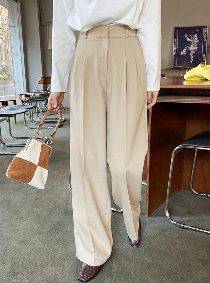 ツータックワイドスラックス・全4色・t00241 レディース 【pt】韓国ファッション ボトムス ロング ロングパンツ スラックスパンツ スラックス ツータック ワイド ハイウエスト センタープレス 無地 シンプル カジュアル 秋 冬