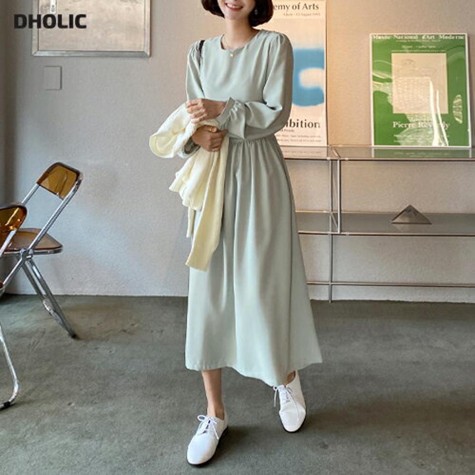リボンラウンドロングワンピース・全3色・t00238 レディース 【ops】韓国ファッション ワンピース ロングワンピース 長袖 ラウンドネック リボン パフスリーブ ロング丈 無地 シンプル フェミニン カジュアル 秋 冬