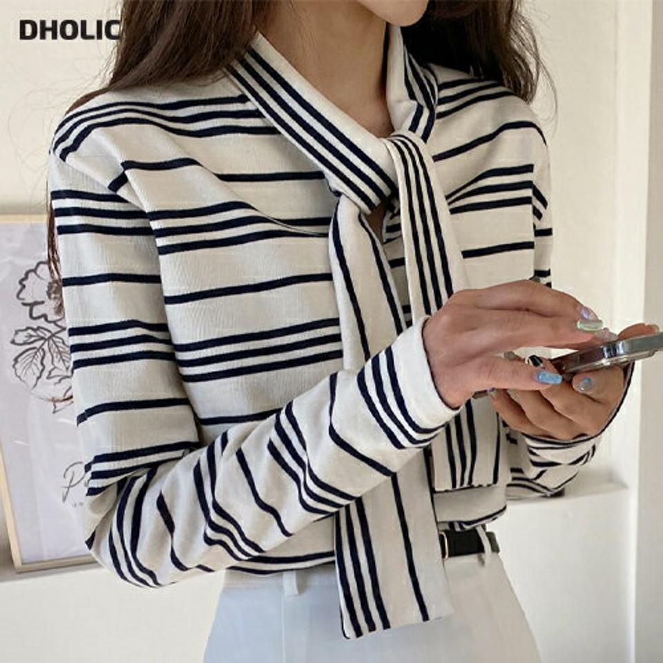 マルチボーダータイTシャツ・全2色・t00226 レディース 【tops】韓国ファッション トップス Tシャツ 大人 長袖 ネックリボン マルチボーダー タイ スリット シンプル 体型カバー 細身 フェミニン カジュアル デイリー 秋 冬
