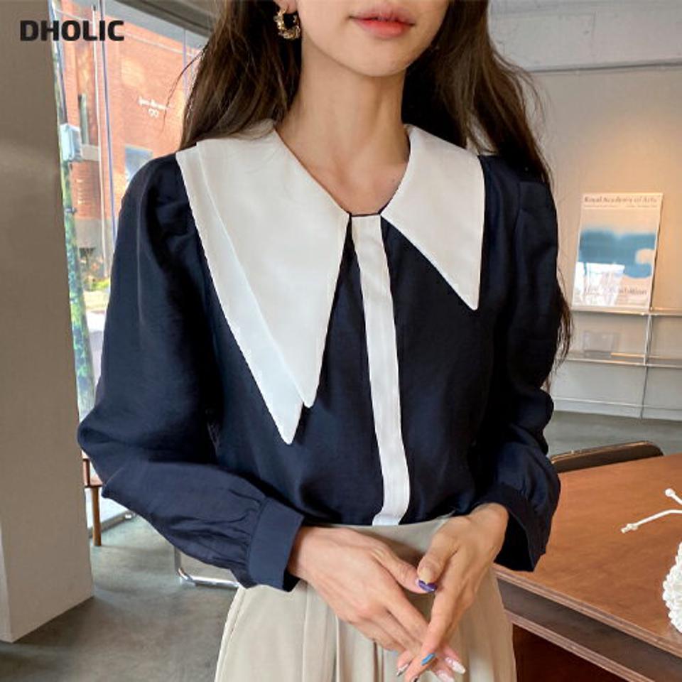 アンバランスカラーブラウス・全2色・b00258 レディース 【bl】韓国ファッション トップス ブラウス 長袖 カラーネック アンバランス 襟コンシャス ダブルカラー パフスリーブ シンプル カジュアル フェミニン ガーリー 春 秋 冬