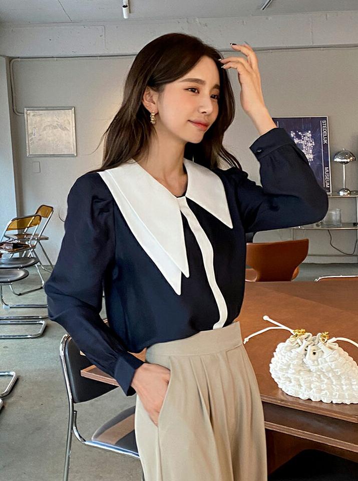 アンバランスカラーブラウス・全2色・b00258 レディース 【bl】韓国ファッション トップス ブラウス 長袖 カラーネック アンバランス 襟コンシャス ダブルカラー パフスリーブ シンプル カジュアル フェミニン ガーリー 春 秋 冬