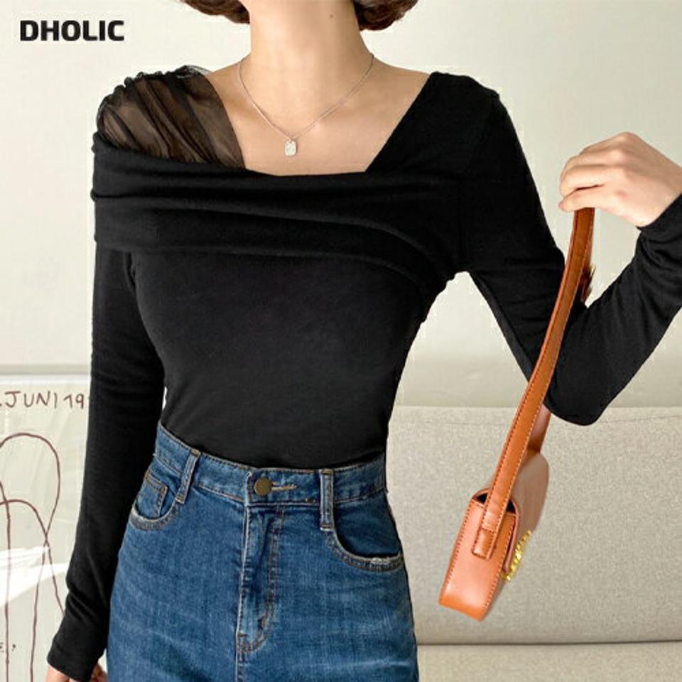 メッシュショルダーTシャツ・全2色・t00256 レディース 【tops】韓国ファッション トップス Tシャツ 大人 長袖 メッシュショルダー オフショル風 スリム シンプル 細身 フェミニン カジュアル デイリー 秋 冬