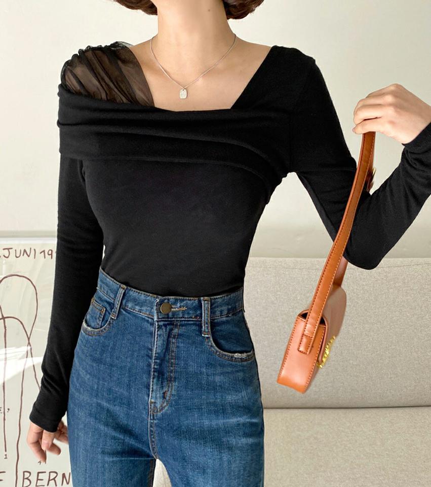 メッシュショルダーTシャツ・全2色・t00256 レディース 【tops】韓国ファッション トップス Tシャツ 大人 長袖 メッシュショルダー オフショル風 スリム シンプル 細身 フェミニン カジュアル デイリー 秋 冬
