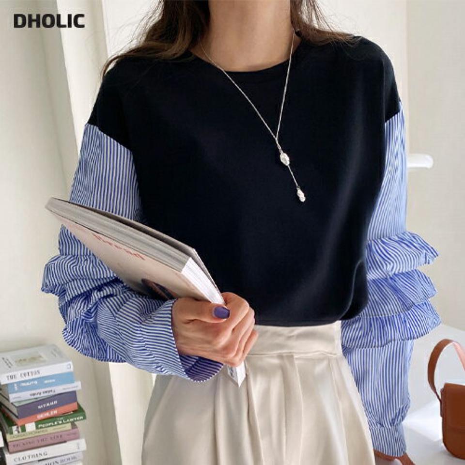 ストライプフリルスリーブTシャツ・全2色・b00222 レディース 【tops】韓国ファッション 異素材ミックス トップス Tシャツ 大人 長袖 ラウンドネック ストライプ フリル スリーブ 細身 フェミニン カジュアル デイリー バイカラー 秋 冬
