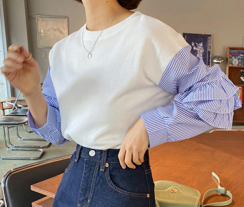 ストライプフリルスリーブTシャツ・全2色・b00222 レディース 【tops】韓国ファッション 異素材ミックス トップス Tシャツ 大人 長袖 ラウンドネック ストライプ フリル スリーブ 細身 フェミニン カジュアル デイリー バイカラー 秋 冬