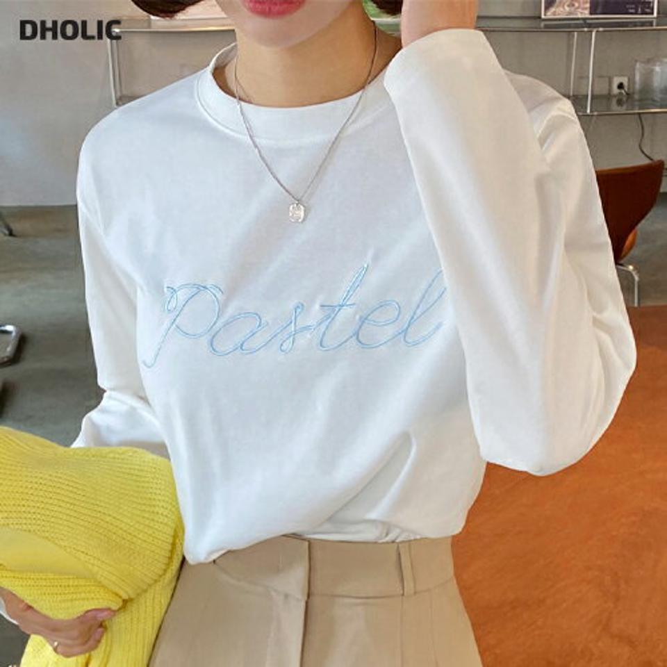 PastelロゴラウンドネックTシャツ・全4色・b00221 レディース 【tops】韓国ファッション トップス Tシャツ 大人 長袖 ラウンドネック レタリング 英字 ロゴ ルーズ 体型カバー 細身 フェミニン カジュアル デイリー 秋 冬