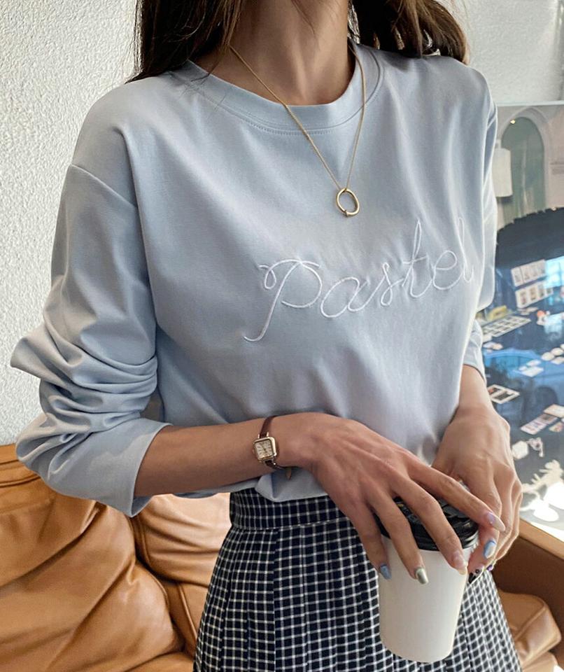 PastelロゴラウンドネックTシャツ・全4色・b00221 レディース 【tops】韓国ファッション トップス Tシャツ 大人 長袖 ラウンドネック レタリング 英字 ロゴ ルーズ 体型カバー 細身 フェミニン カジュアル デイリー 秋 冬