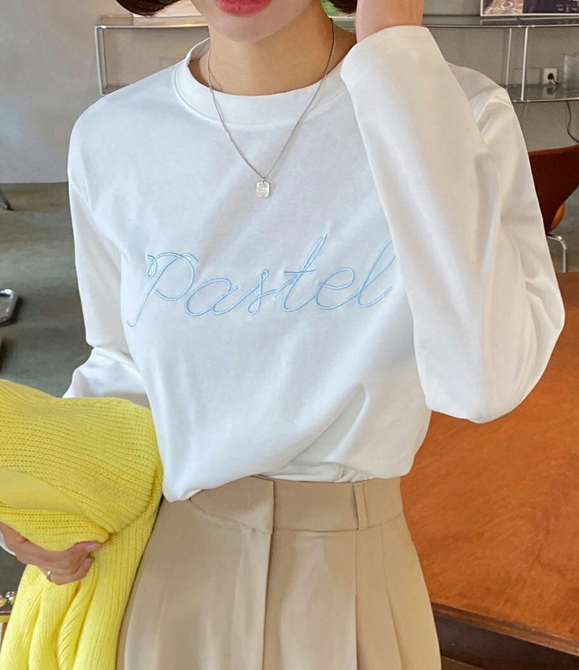 PastelロゴラウンドネックTシャツ・全4色・b00221 レディース 【tops】韓国ファッション トップス Tシャツ 大人 長袖 ラウンドネック レタリング 英字 ロゴ ルーズ 体型カバー 細身 フェミニン カジュアル デイリー 秋 冬