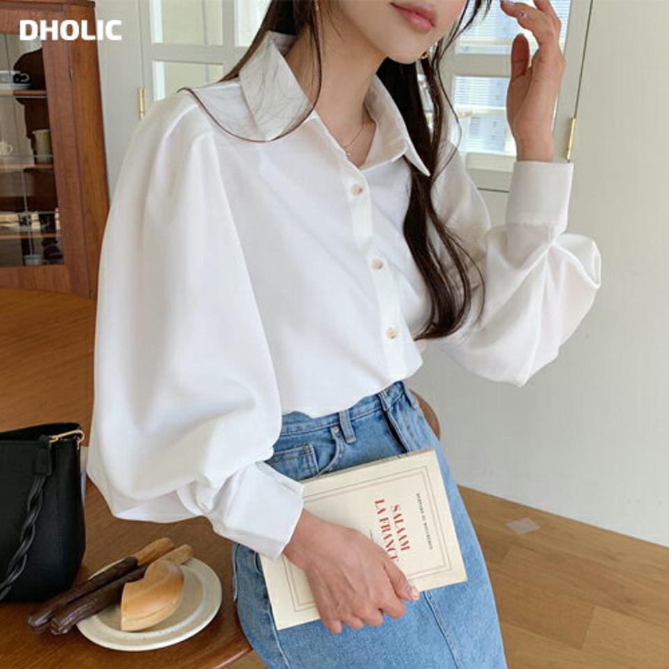 パフスリーブボタンブラウス・全3色・e63323 レディース 【bl】韓国ファッション トップス ブラウス 長袖 カラーネック パフスリーブ ボタン 無地 ベーシック シンプル カジュアル フェミニン ガーリー 春 秋 冬